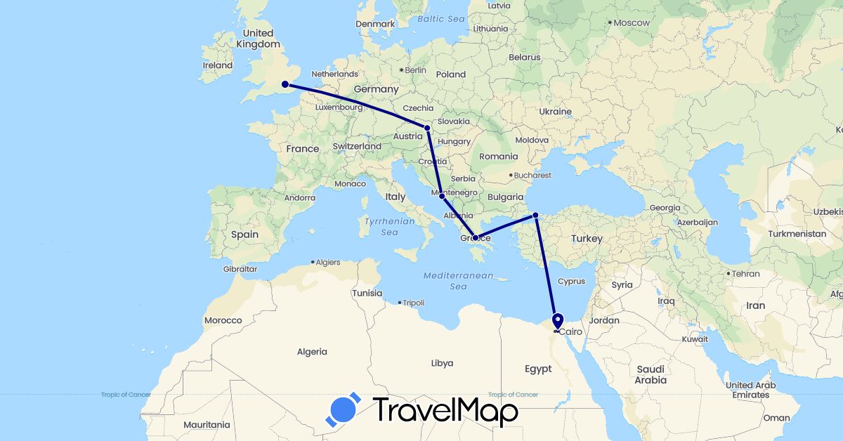 TravelMap itinerary: driving in Austria, Egypt, United Kingdom, Greece, Croatia, Turkey (Africa, Asia, Europe)