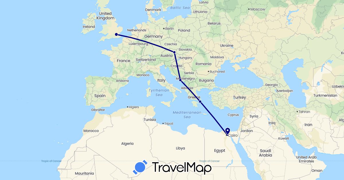 TravelMap itinerary: driving in Austria, Egypt, United Kingdom, Greece, Croatia (Africa, Europe)